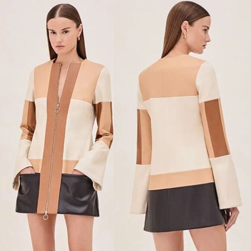 NWT Alexis Long Sleeve Vegan Leather Cameron Mini Dress Color Block Size: Large
